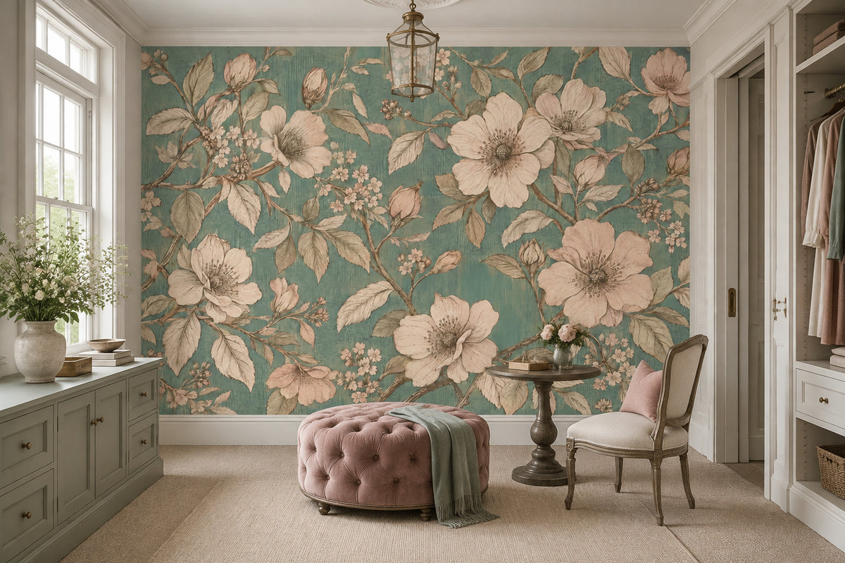 Vintage Large Blossom Wallpaper Teal Botanical Wall Mural