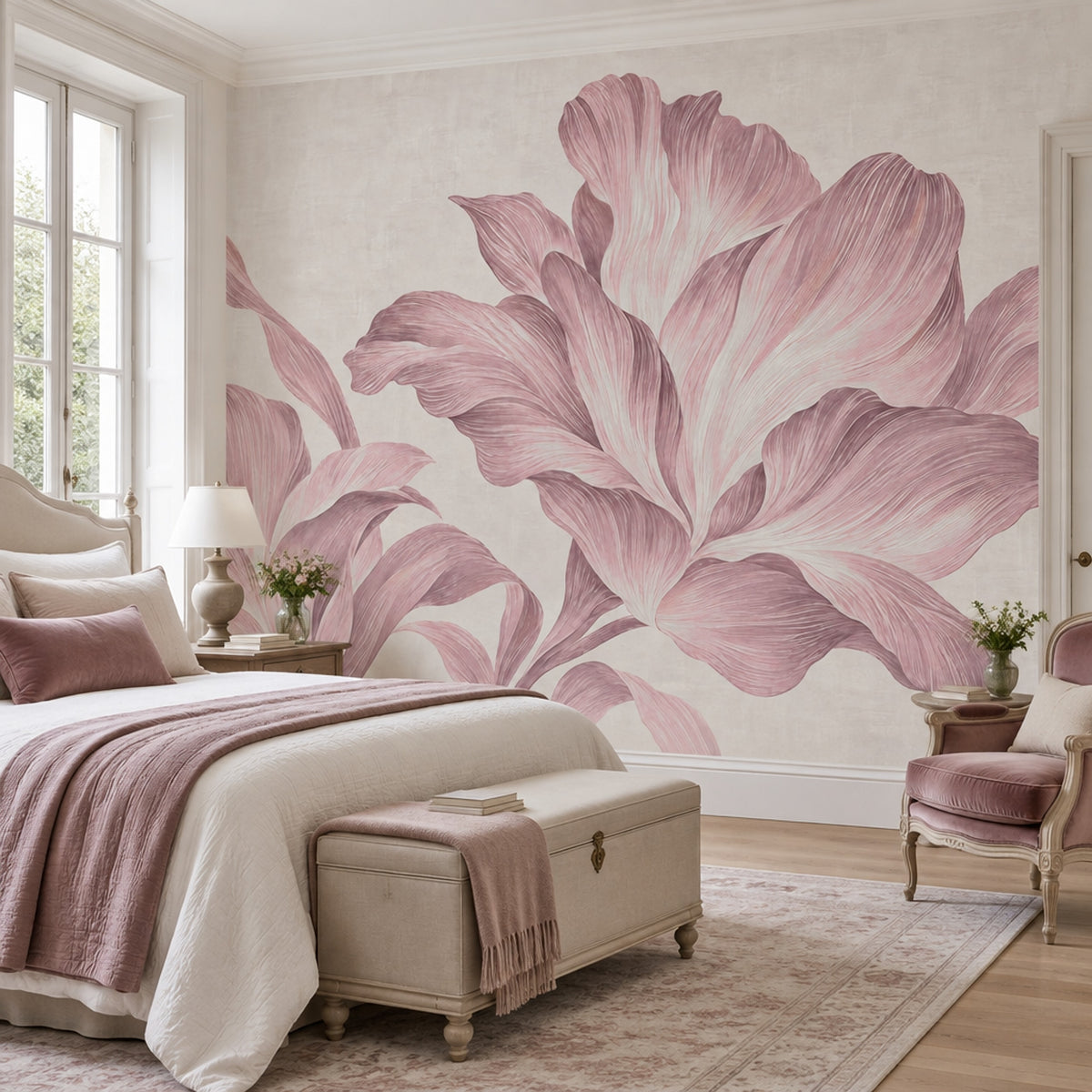 Oversized Pink Flowers Wallpaper Soft Beige Wall Mural