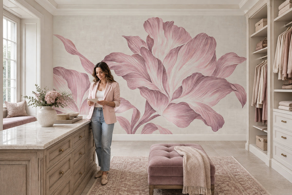 Oversized Pink Flowers Wallpaper Soft Beige Wall Mural