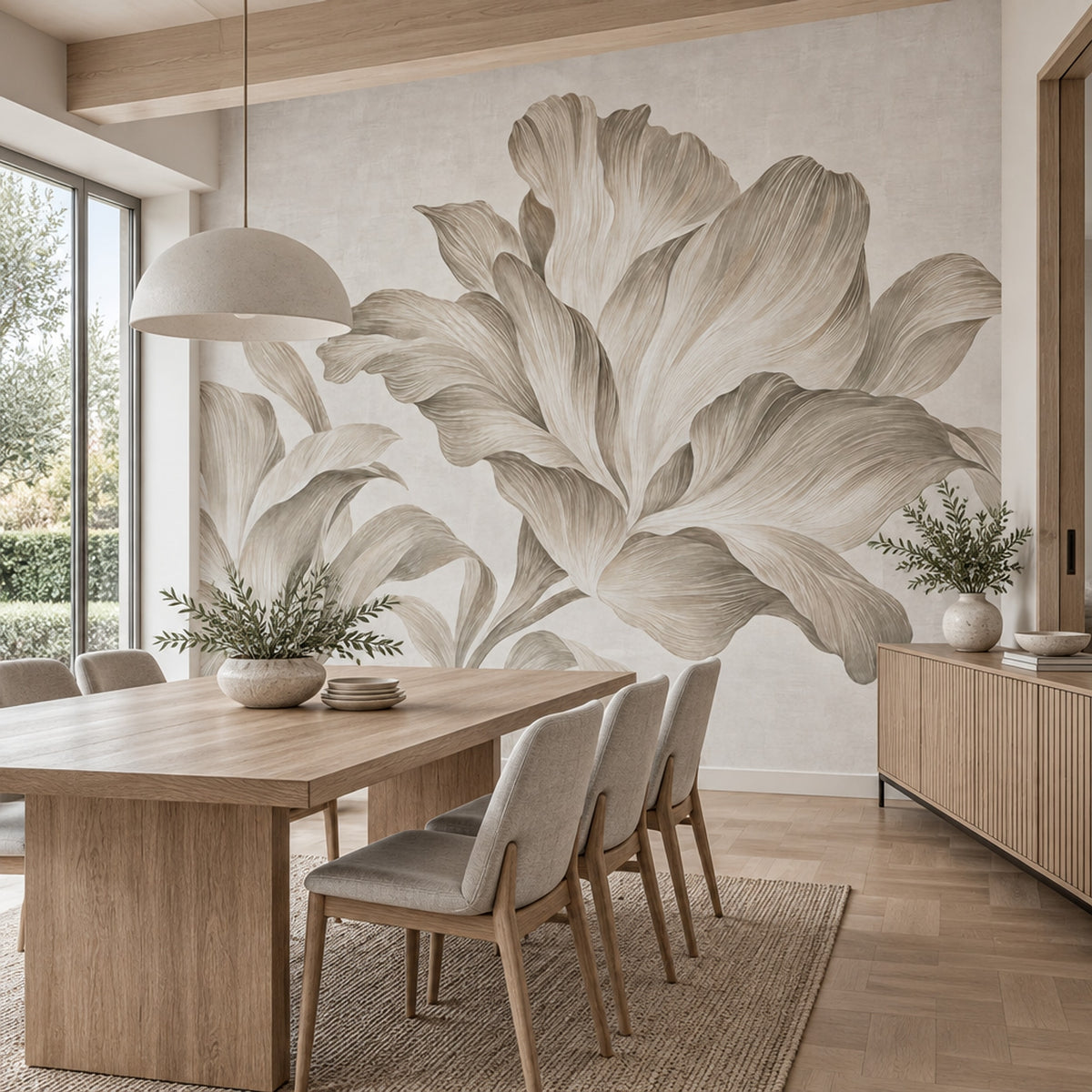 Large Lily Line Art Wallpaper Neutral Botanical Wall Mural