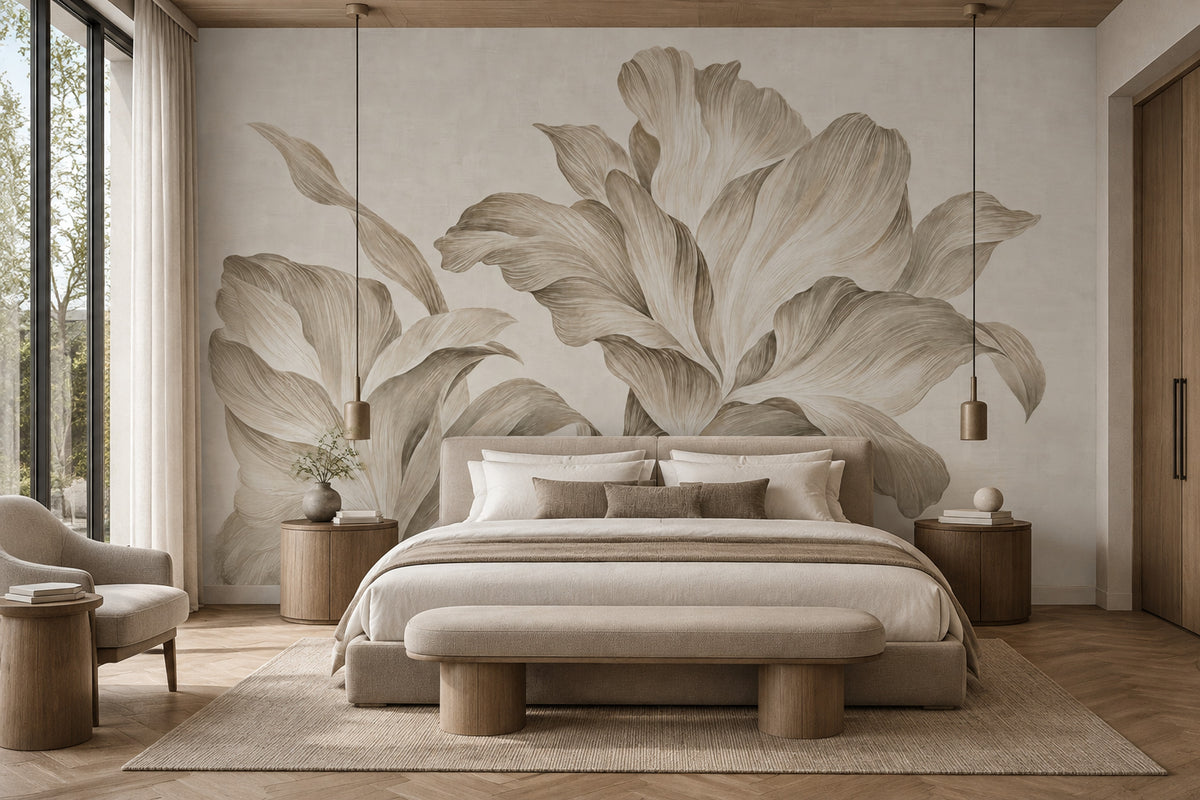 Large Lily Line Art Wallpaper Neutral Botanical Wall Mural