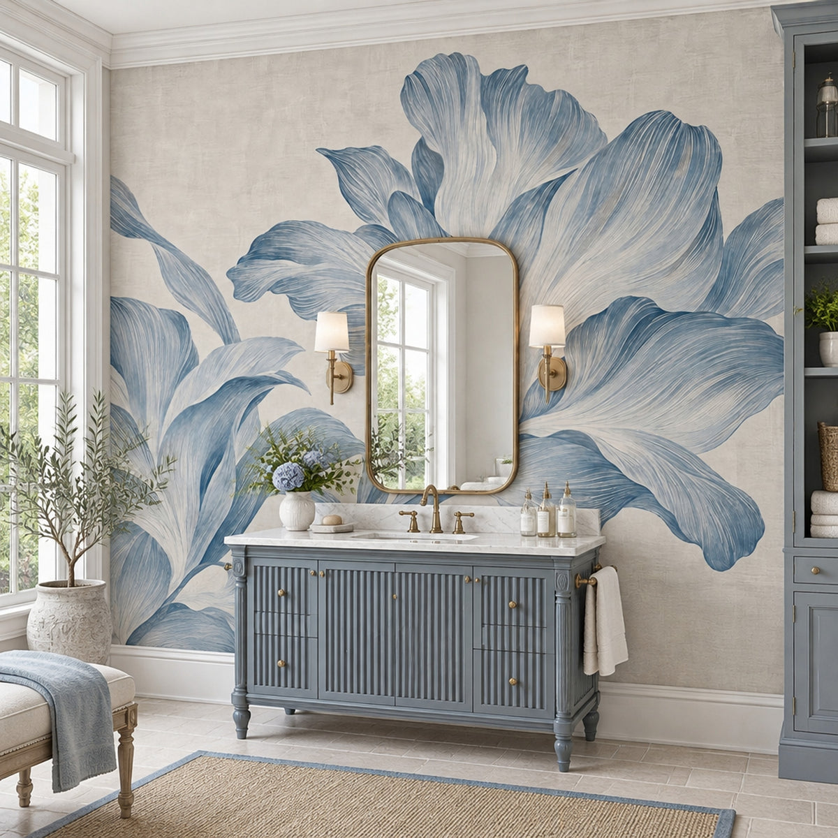 Large Blue Floral Wallpaper Textured Botanical Wall Mural