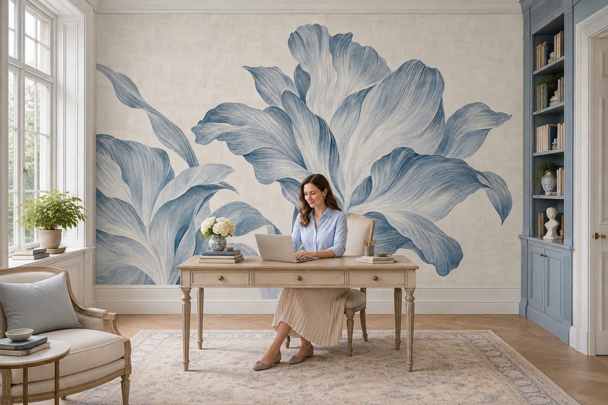 Large Blue Floral Wallpaper Textured Botanical Wall Mural