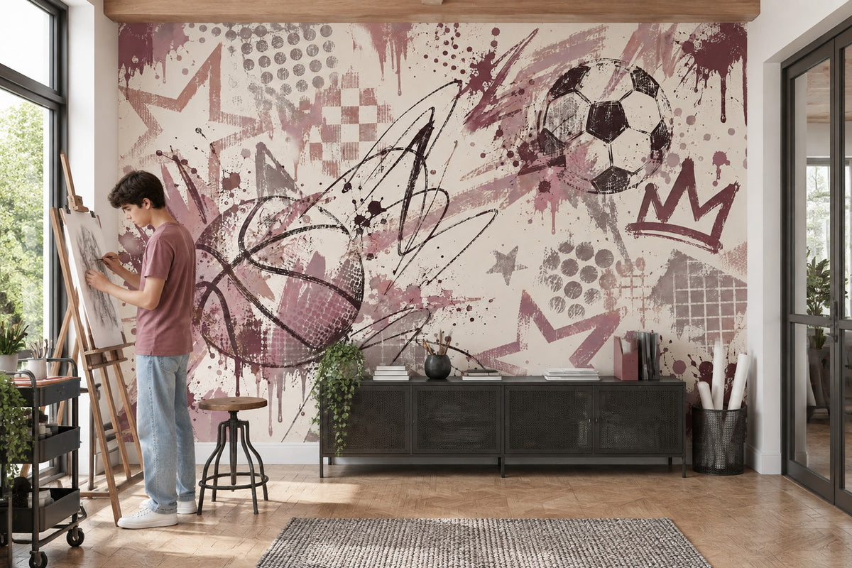 Graffiti Soccer Ball And Basketball Wallpaper Urban Sports Wall Mural