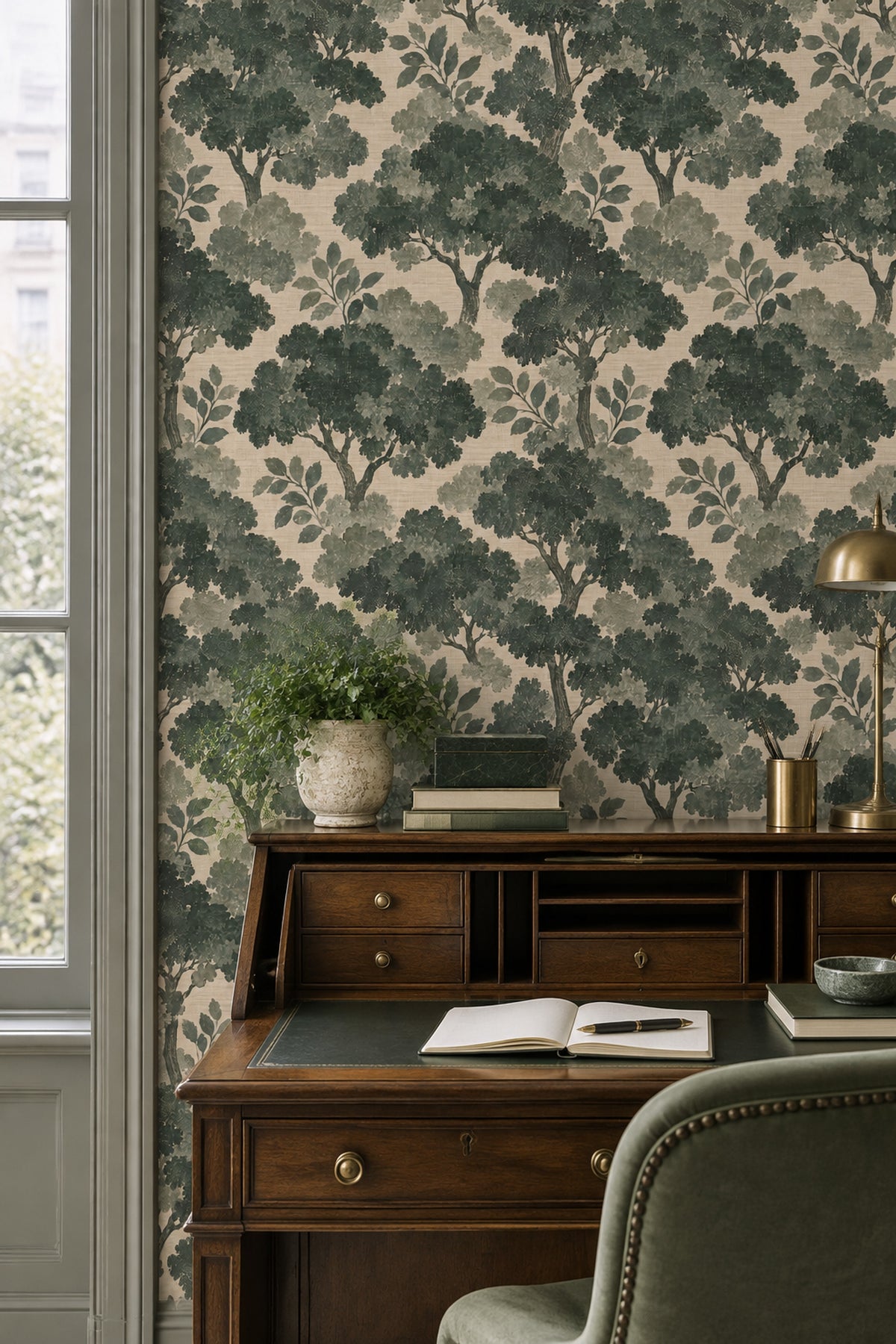 Woodland Tree Silhouette Wallpaper Forest Green Textured Botanical