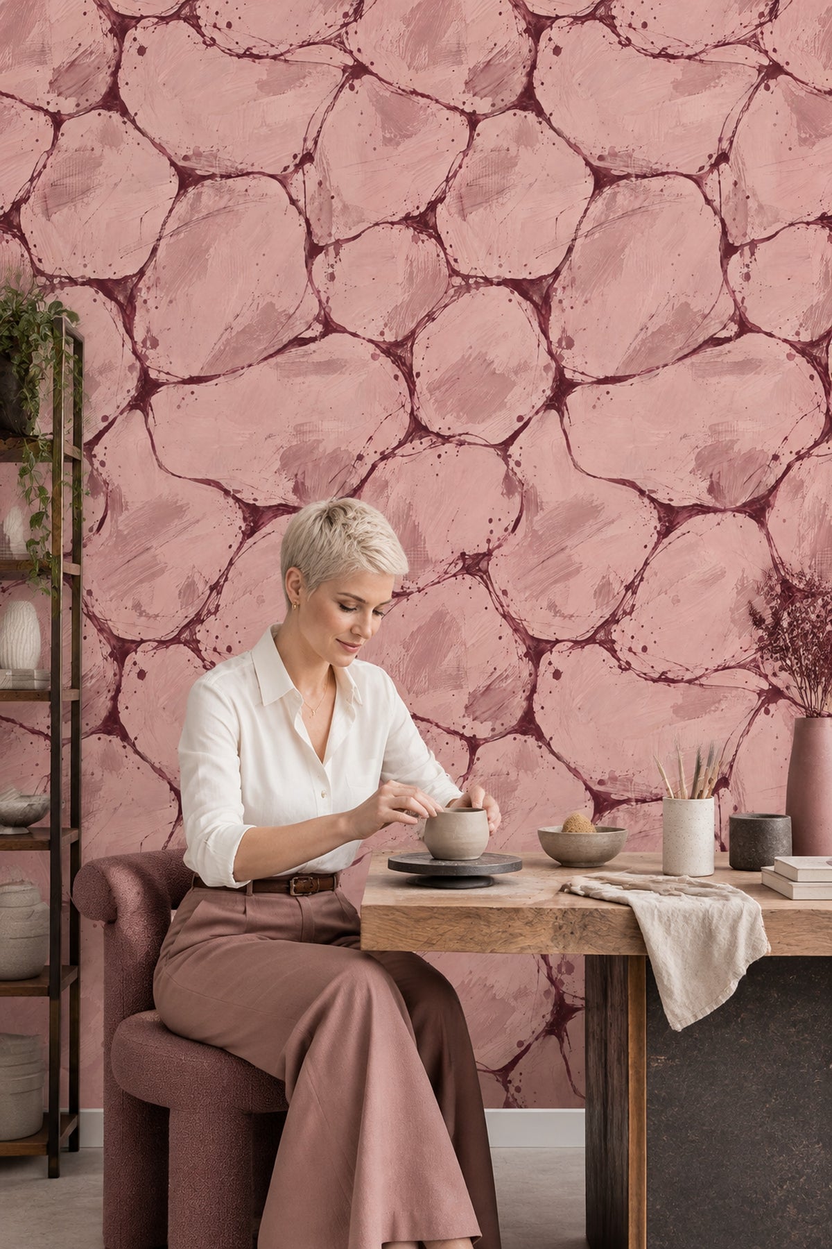 Organic Cellular Shapes Wallpaper Pink Burgundy Brush Strokes