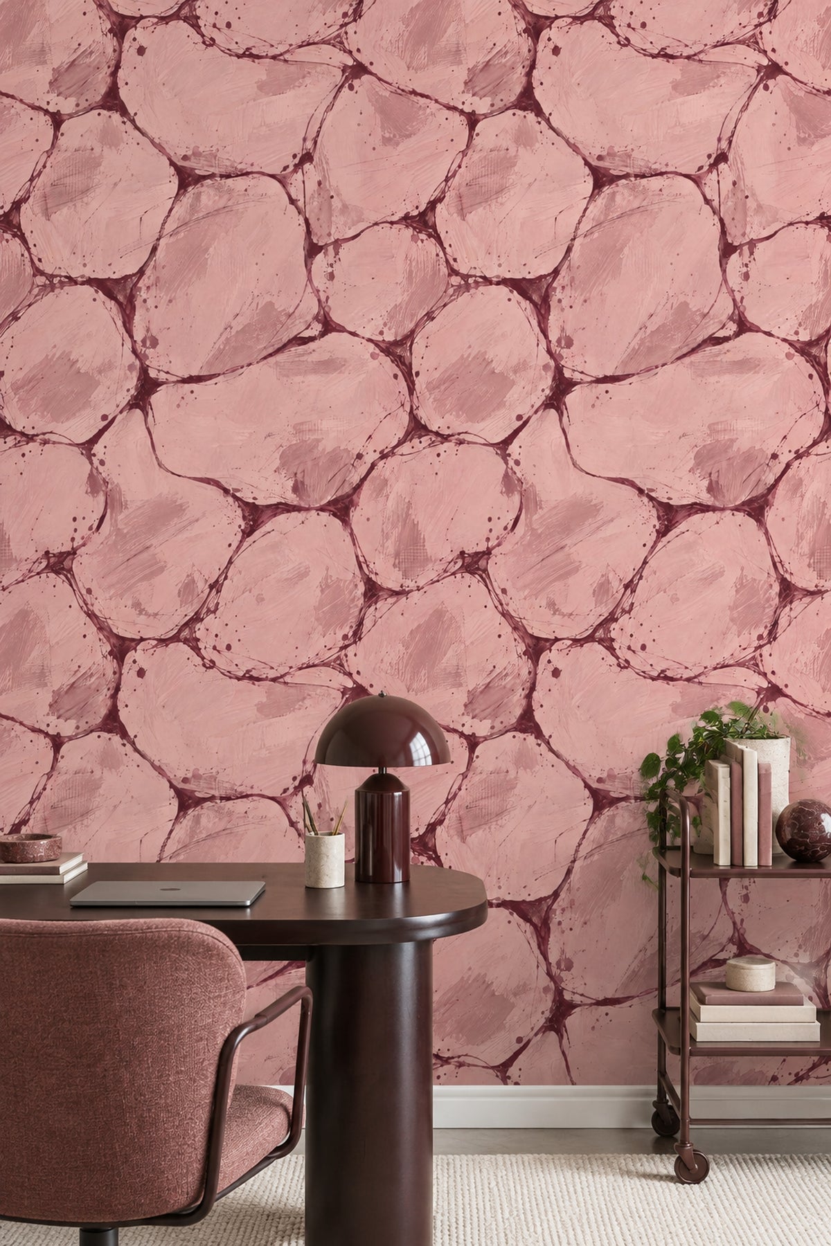 Organic Cellular Shapes Wallpaper Pink Burgundy Brush Strokes