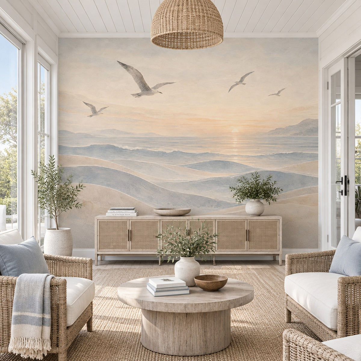 Seagulls Over Sunset Ocean Wallpaper Coastal Landscape Wall Mural