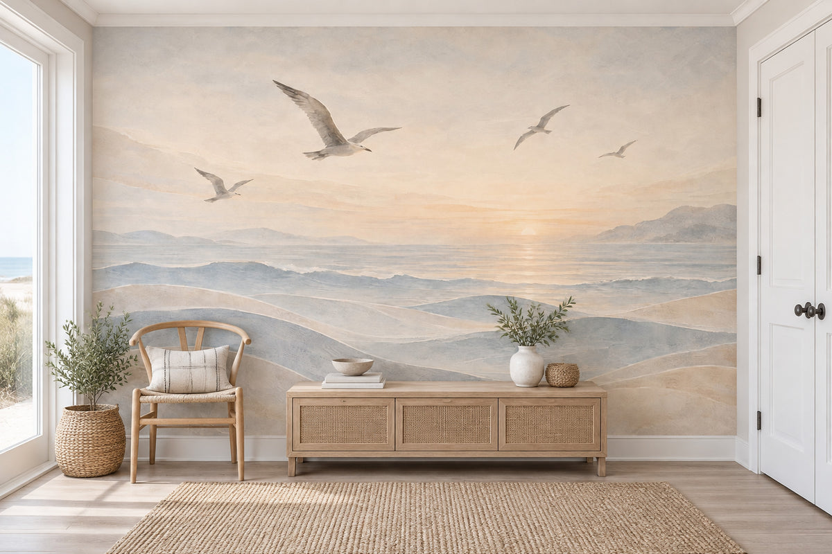 Seagulls Over Sunset Ocean Wallpaper Coastal Landscape Wall Mural