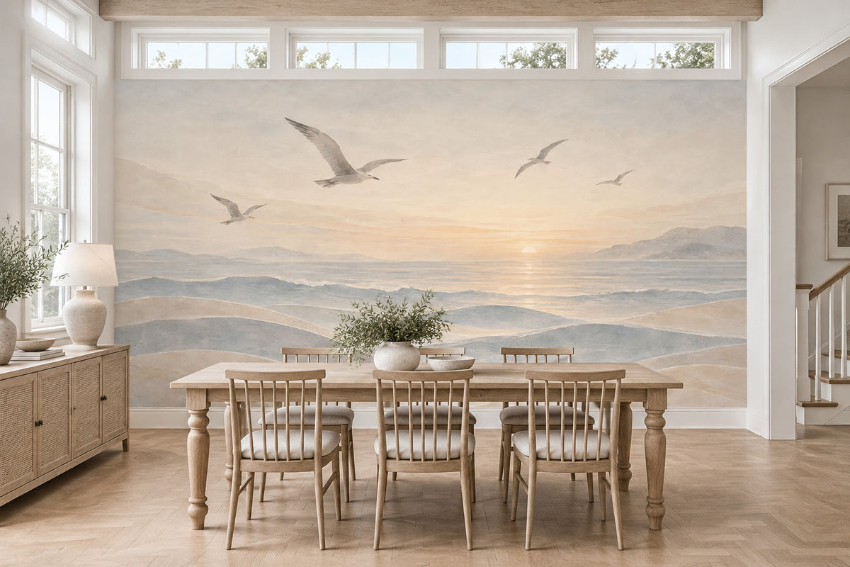 Seagulls Over Sunset Ocean Wallpaper Coastal Landscape Wall Mural
