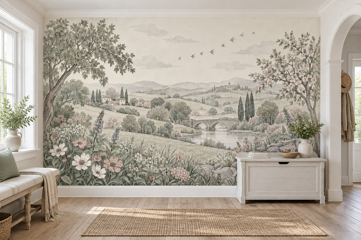 Stone Bridge And Cypress Trees Wallpaper Tuscan Countryside Wall Mural