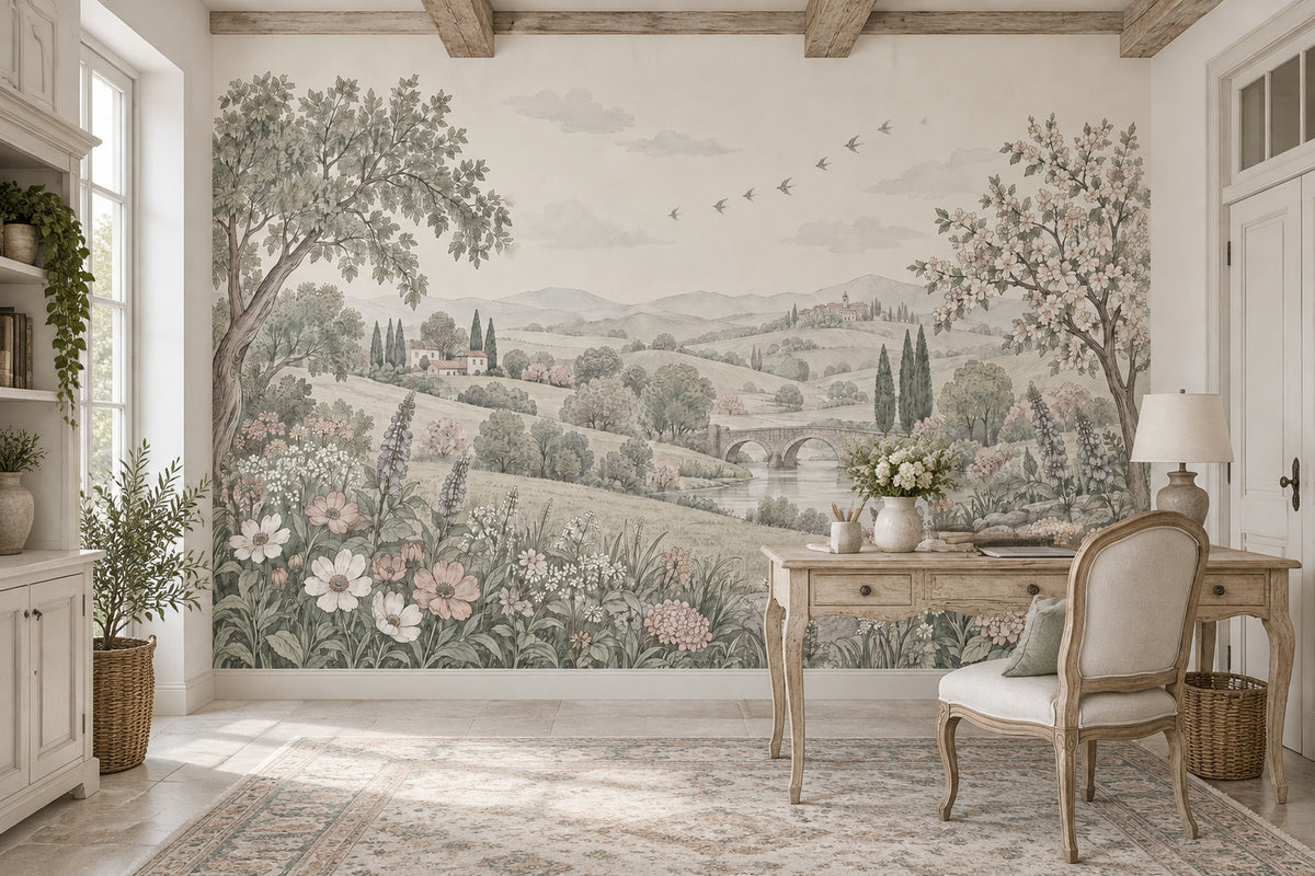 Stone Bridge And Cypress Trees Wallpaper Tuscan Countryside Wall Mural