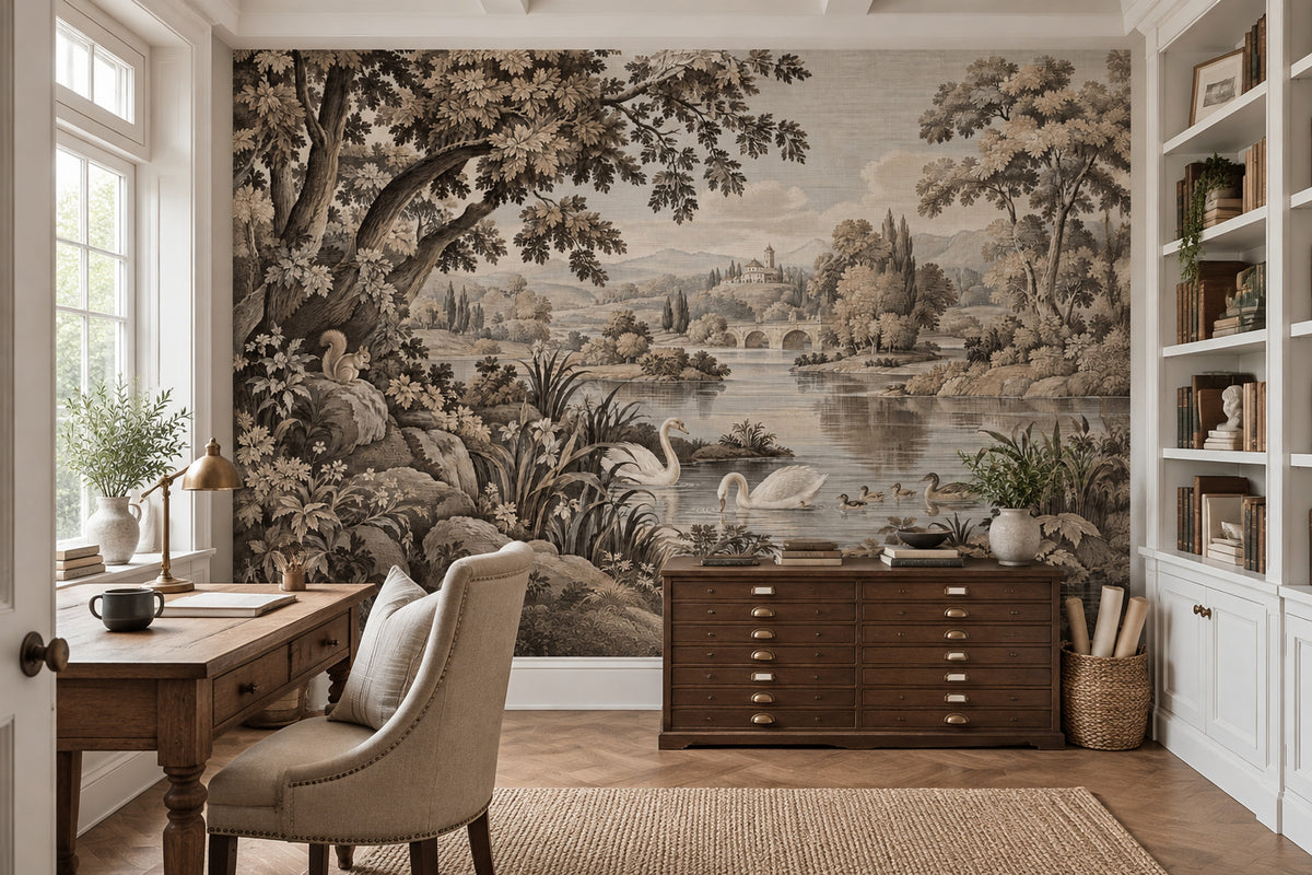 Sepia Swan Lake Wallpaper Engraved Vintage Wall Mural