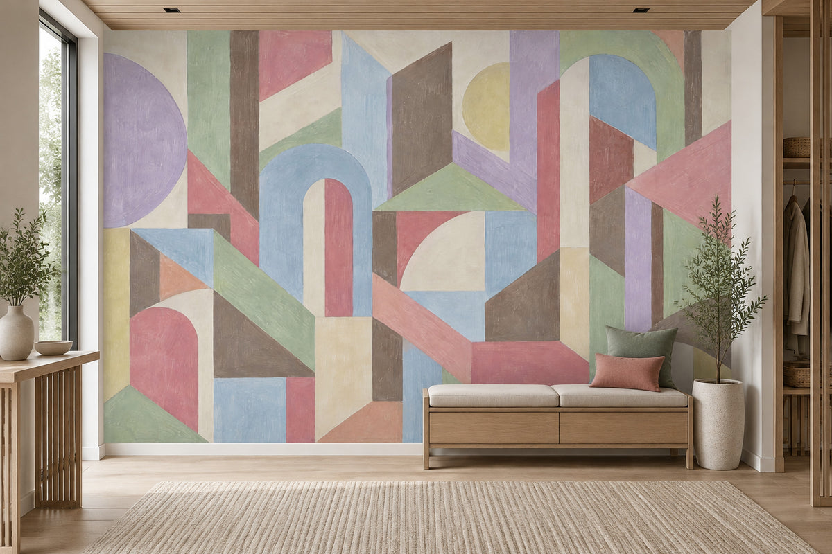 Pastel Arches And Geometric Blocks Wallpaper Bauhaus Inspired Wall Mural