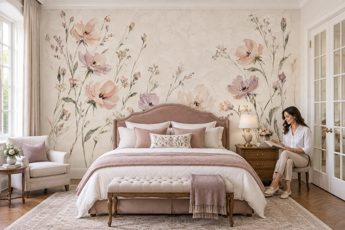 Pastel Wildflower Stems Wallpaper Muted Green Botanical Wall Mural