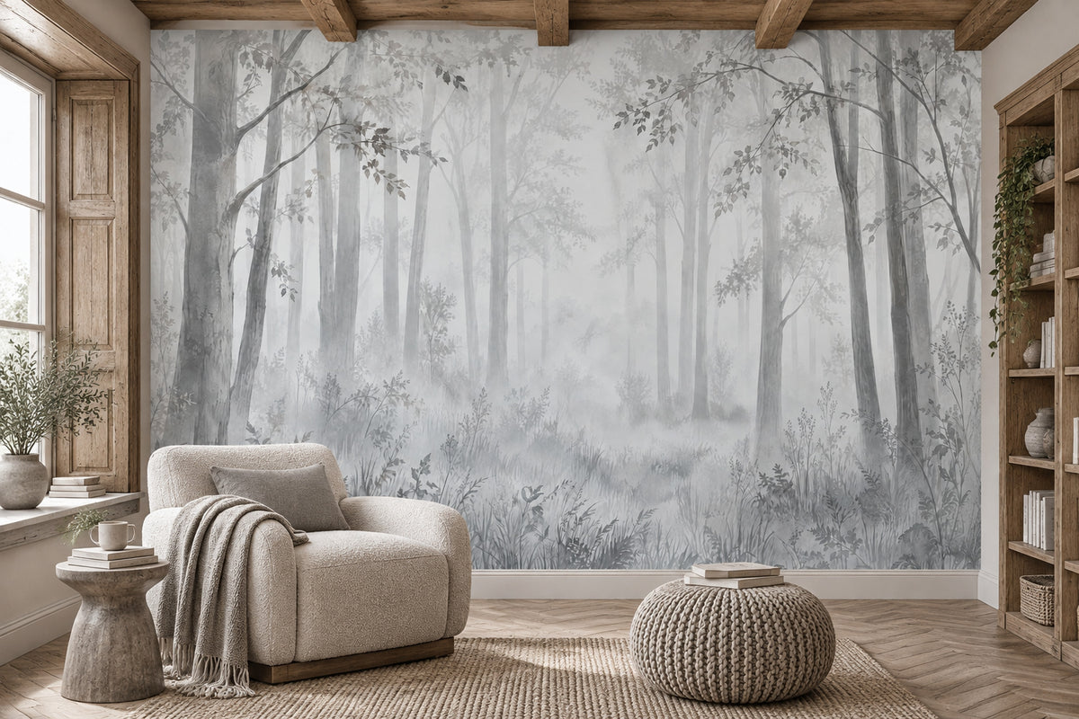 Misty Forest Trees Wallpaper Watercolor Landscape Wall Mural