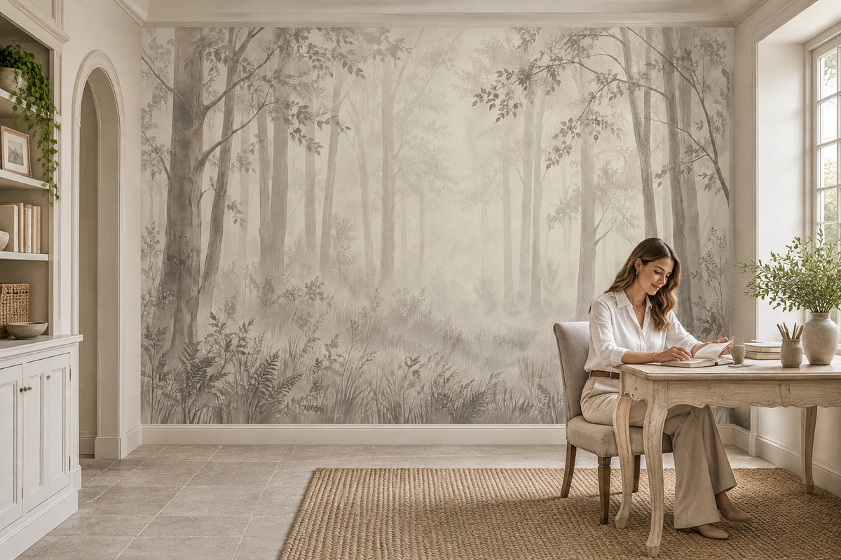 Misty Forest Trees Wallpaper Watercolor Woodland Wall Mural