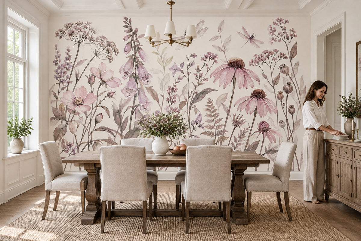 Watercolor Wildflowers Wallpaper White Background Wall Mural