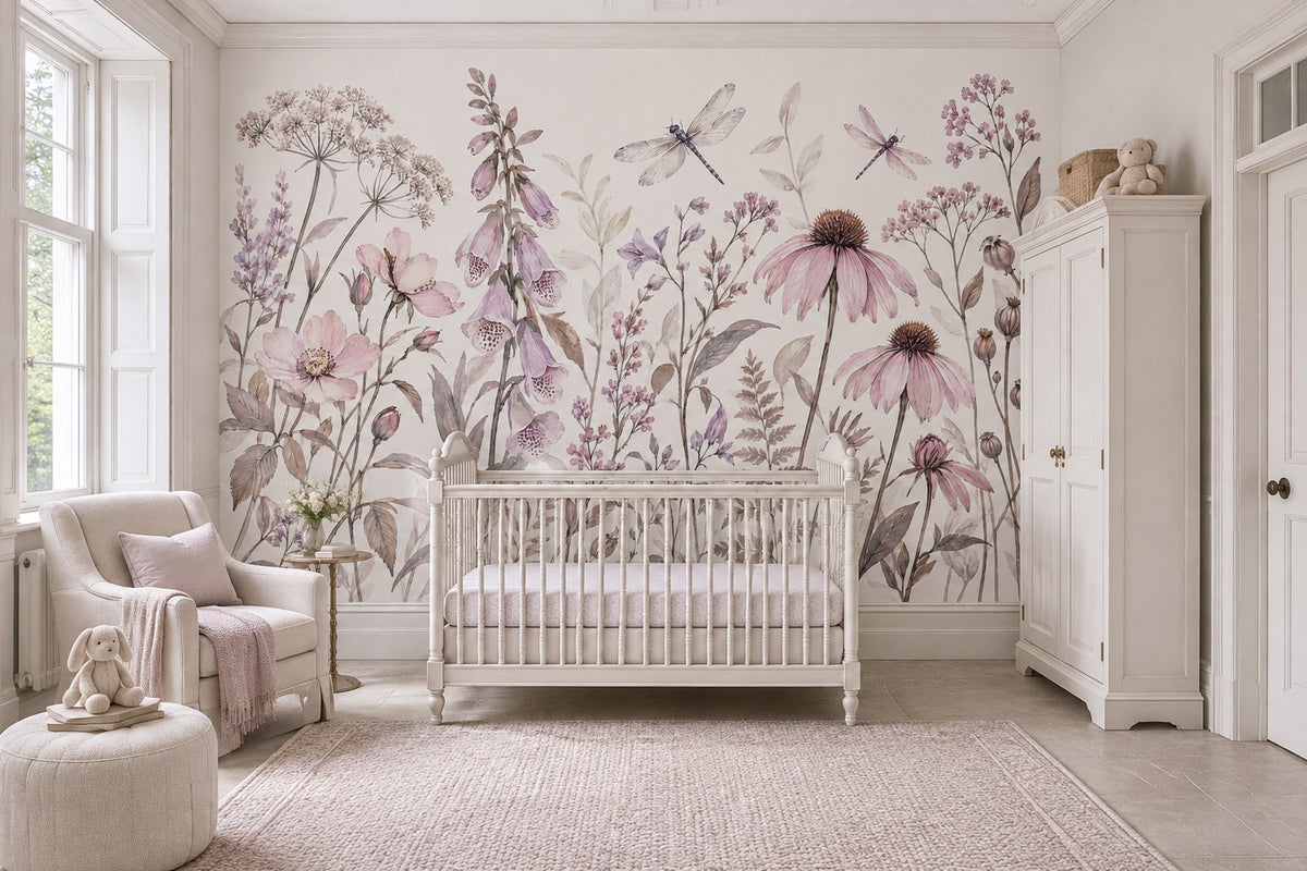 Watercolor Wildflowers Wallpaper White Background Wall Mural