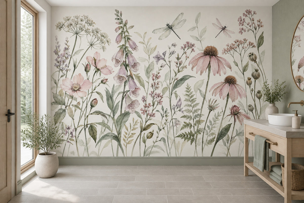 Wildflower And Dragonflies Wallpaper Watercolor Botanical Wall Mural