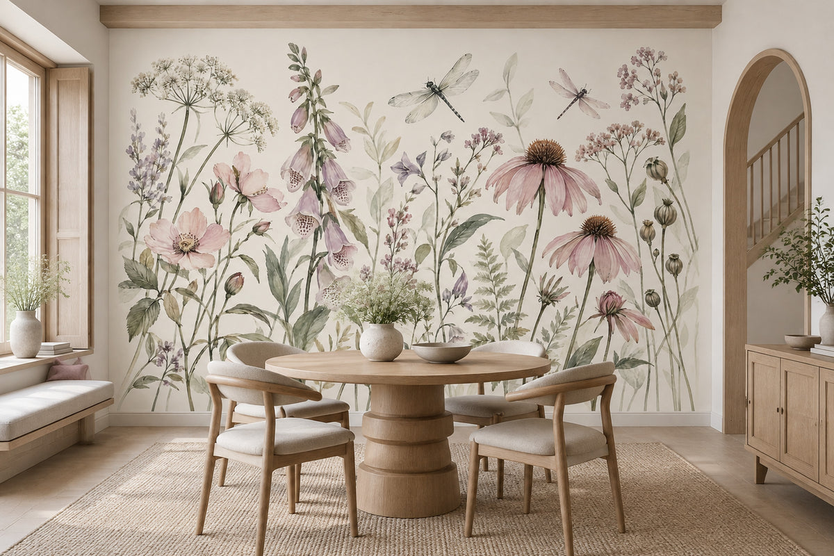 Wildflower And Dragonflies Wallpaper Watercolor Botanical Wall Mural