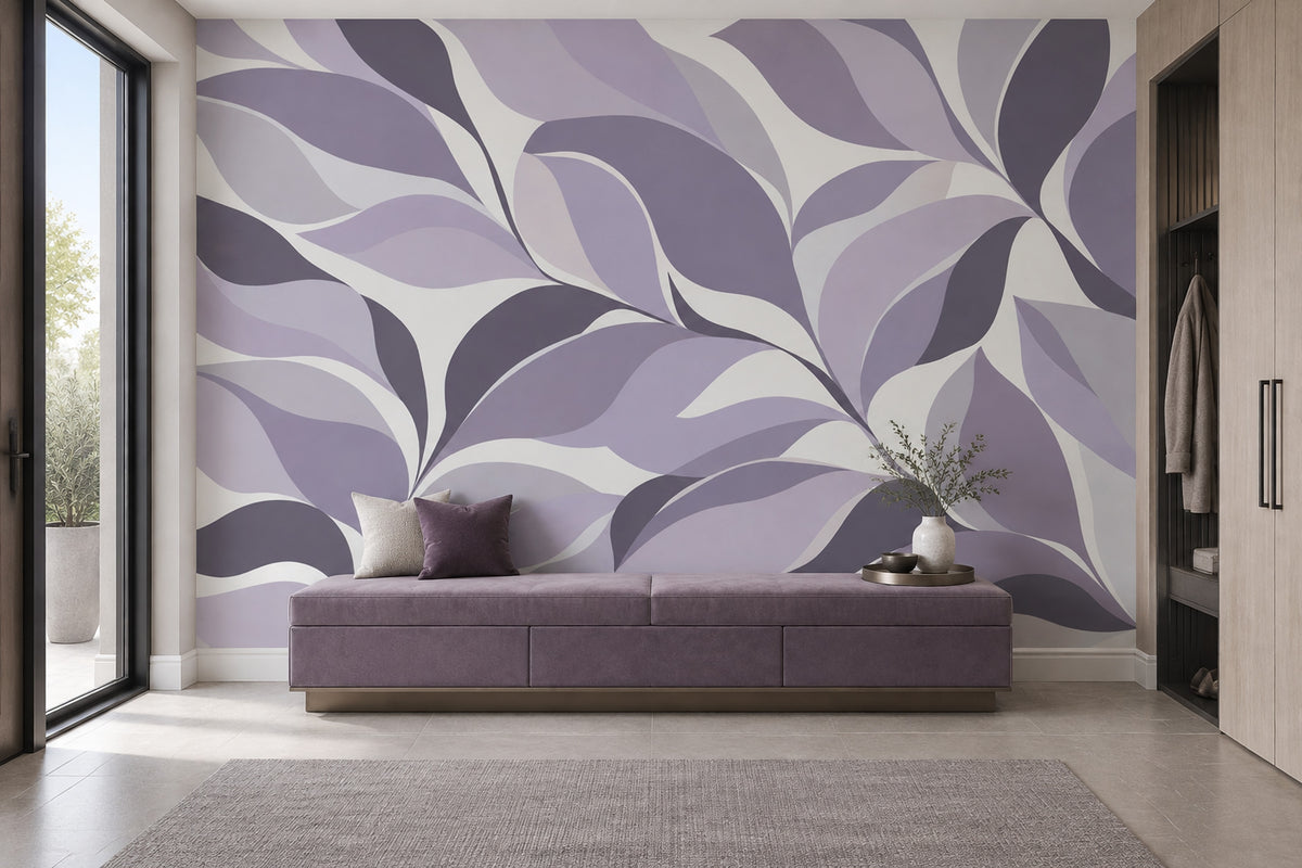 Abstract Layered Leaves Wallpaper Purple Botanical Wall Mural