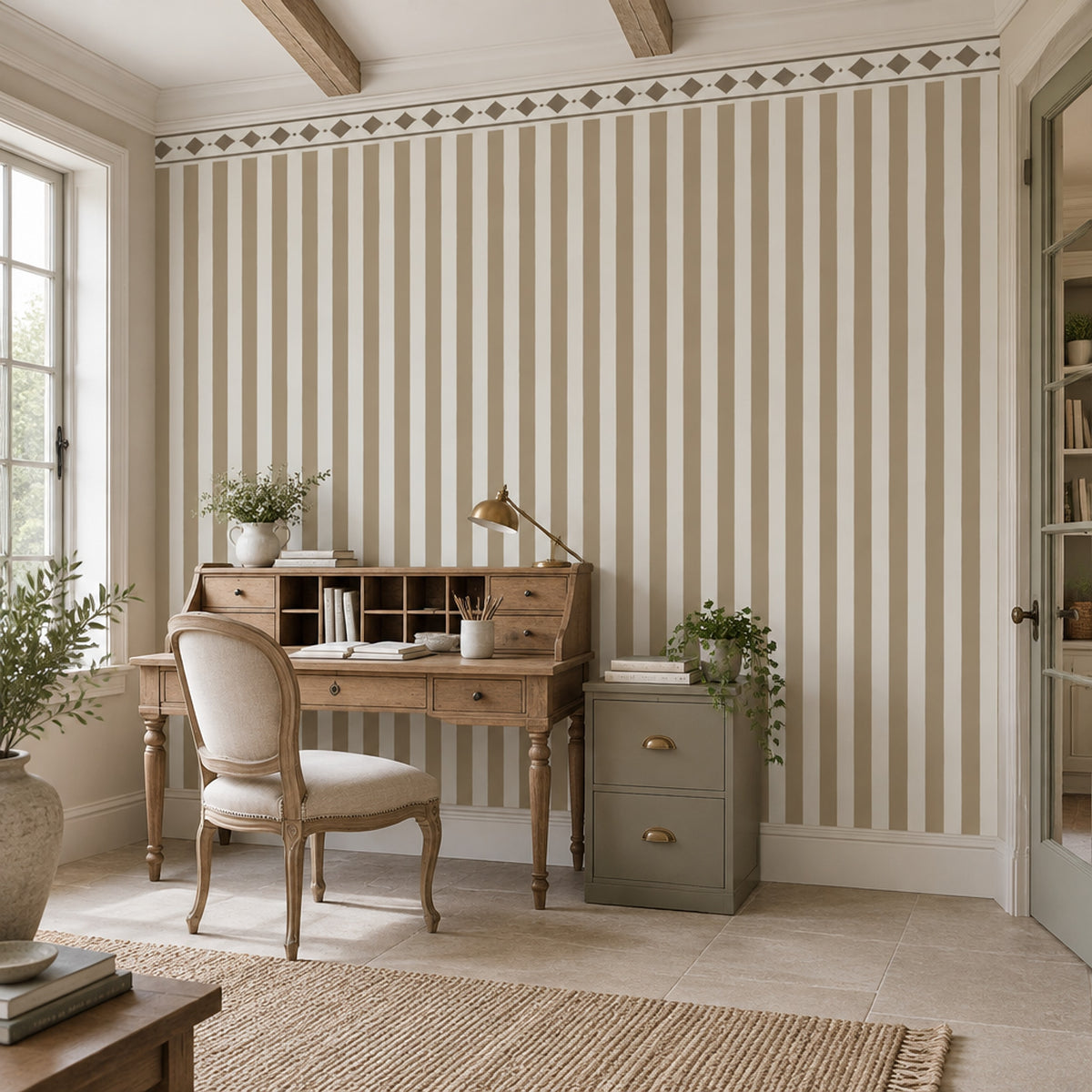 Diamond Trellis Stripes Wallpaper Neutral Border Wall Mural