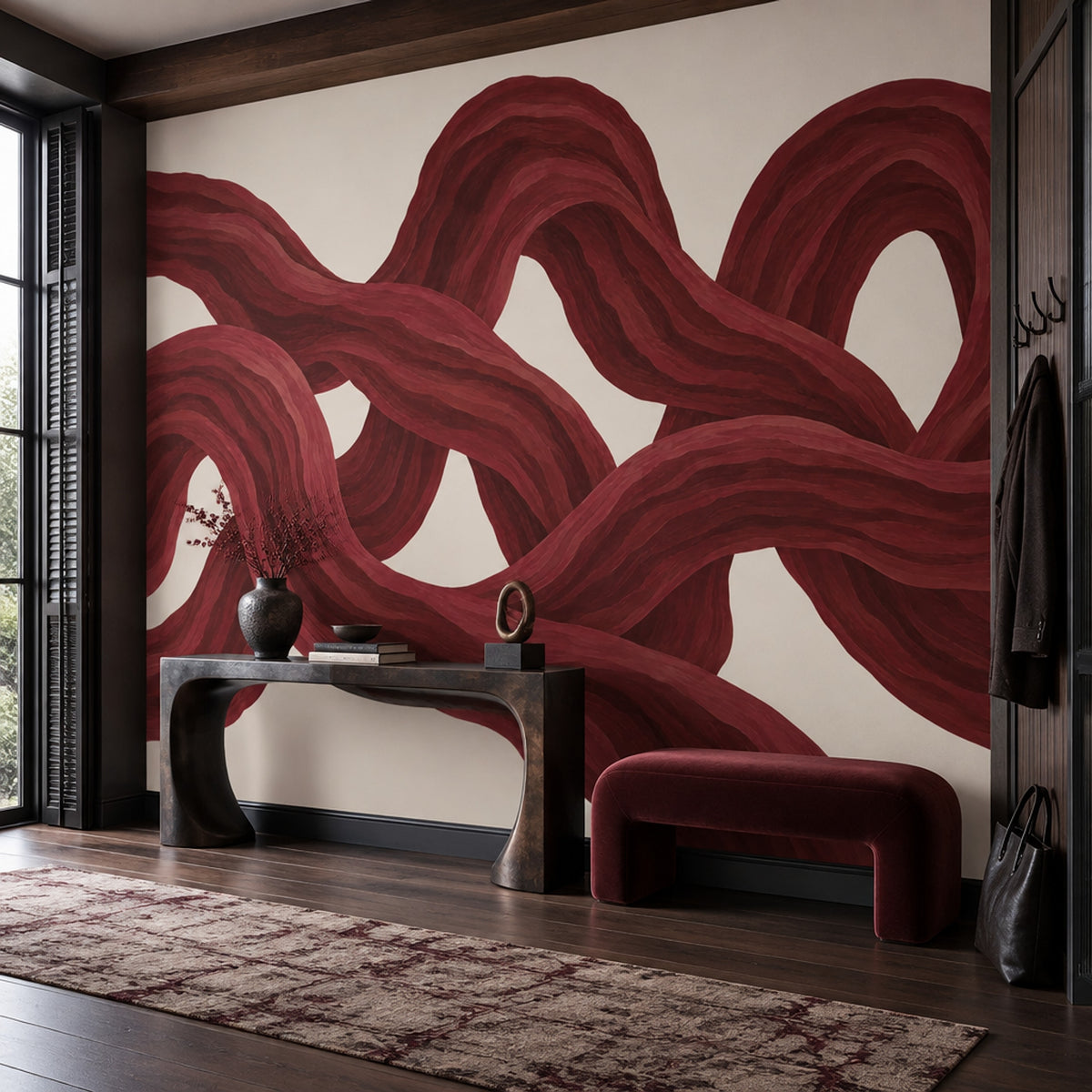 Flowing Red Ribbons Wallpaper Burgundy Cream Wall Mural