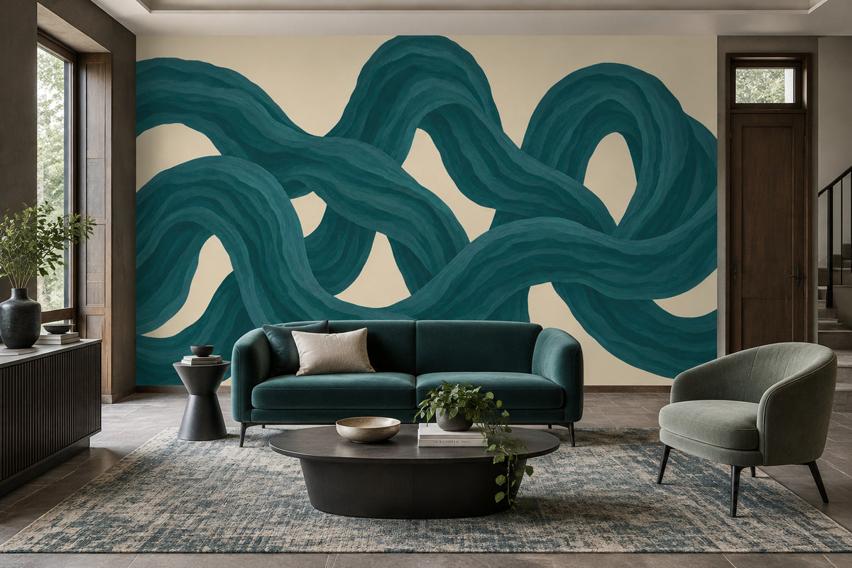 Teal Ribbon Abstract Wallpaper Flowing Curves Wall Mural
