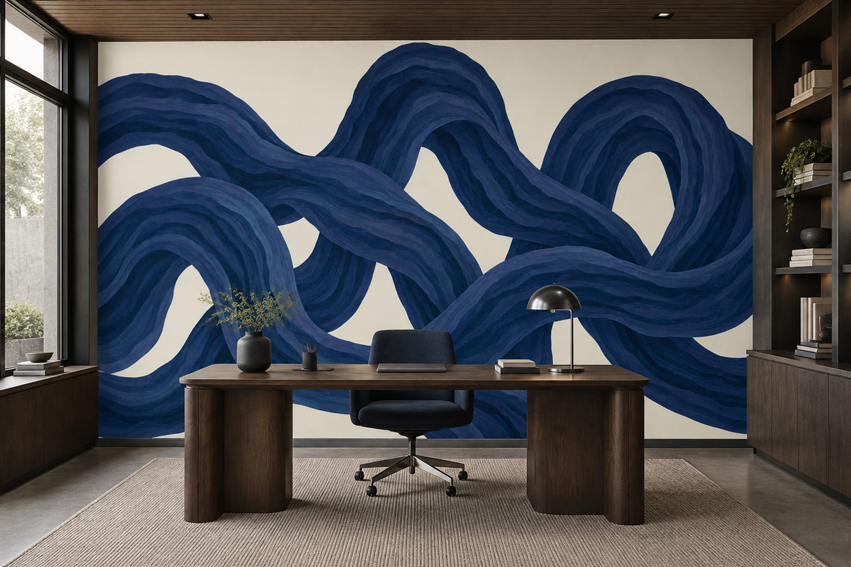 Looping Blue Ribbons Wallpaper Modern Painterly Wall Mural