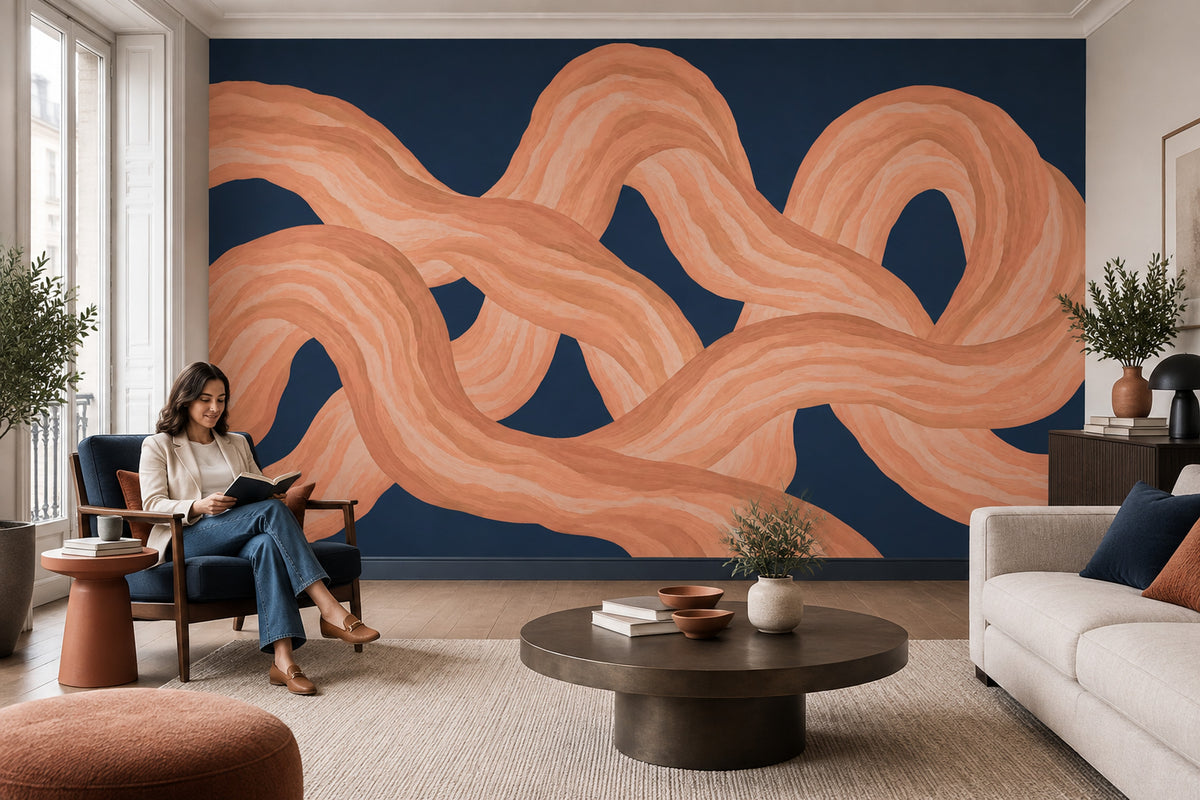 Interlaced Wavy Ribbons Wallpaper Navy Abstract Wall Mural