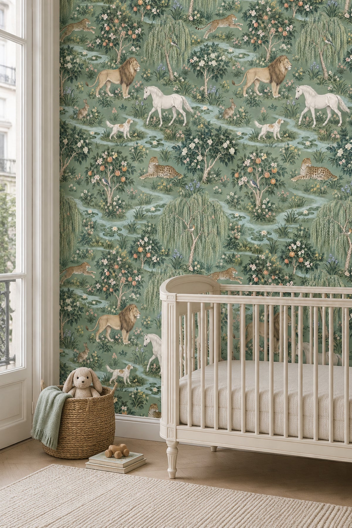 Lions And Leopards Garden Scene Wallpaper Muted Green Chinoiserie