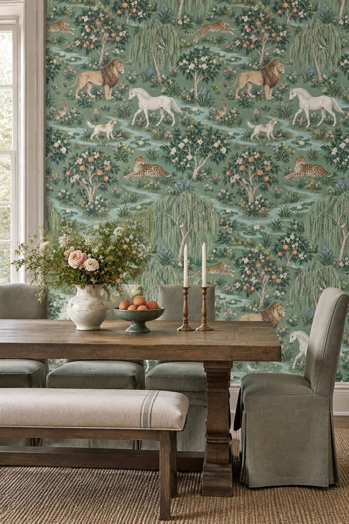 Lions And Leopards Garden Scene Wallpaper Muted Green Chinoiserie