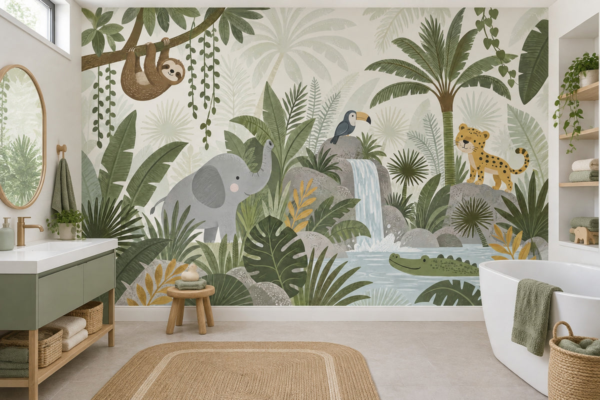 Rainforest Animals Wallpaper Waterfall Scene Wall Mural