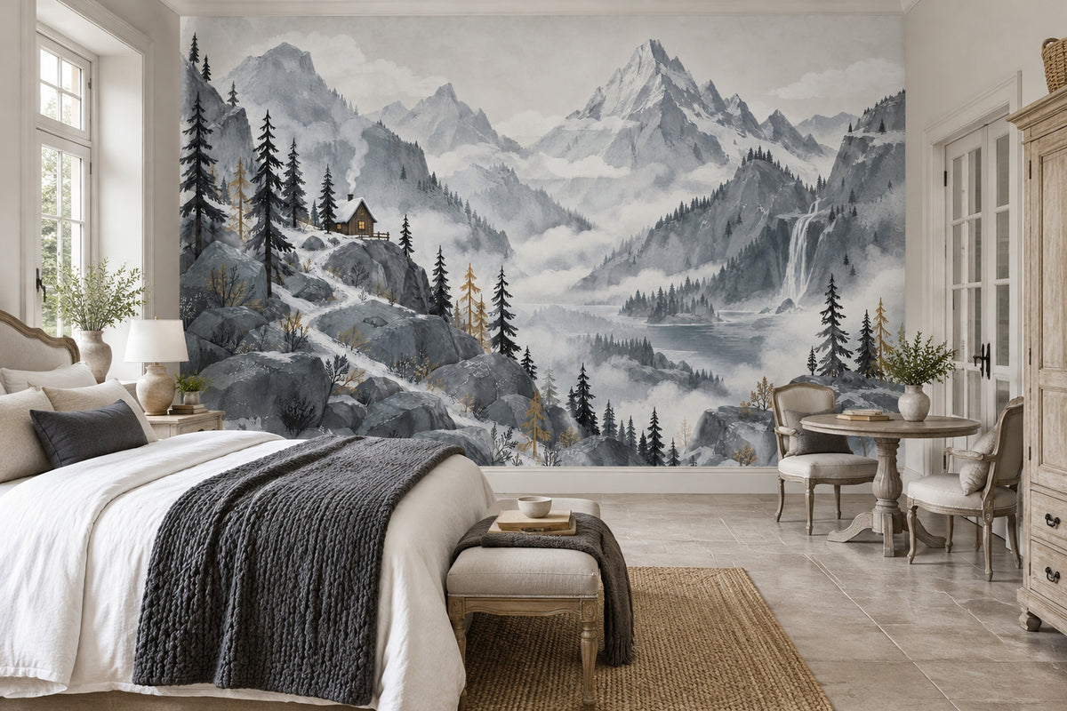 Snowy Mountain Cabin Wallpaper Watercolor Alpine Wall Mural