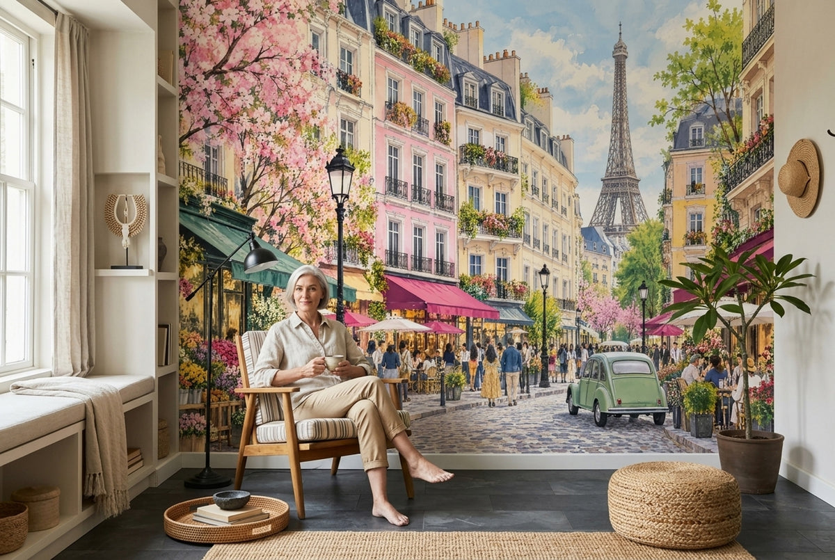 Eiffel Tower Paris Street Wallpaper Watercolor City Wall Mural