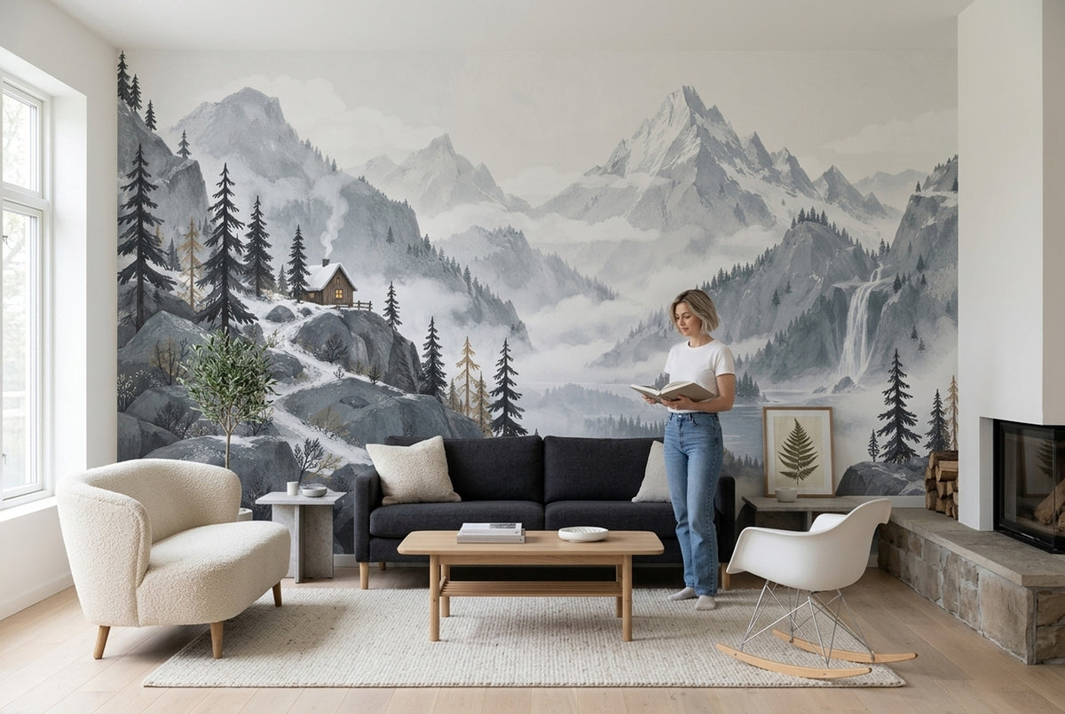 Snowy Mountain Cabin Wallpaper Watercolor Alpine Wall Mural