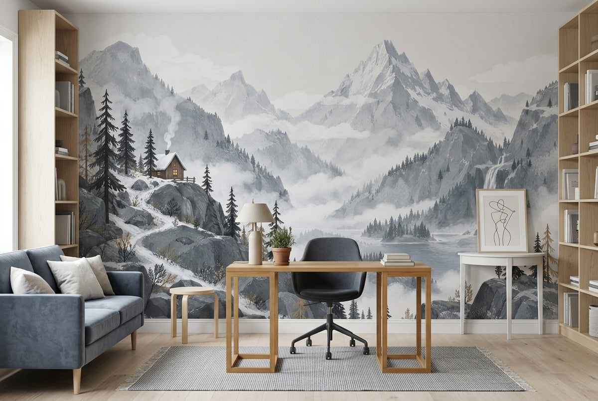 Snowy Mountain Cabin Wallpaper Watercolor Alpine Wall Mural