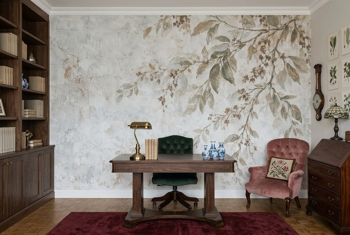 Distressed Botanical Branches Wallpaper French Country Wall Mural
