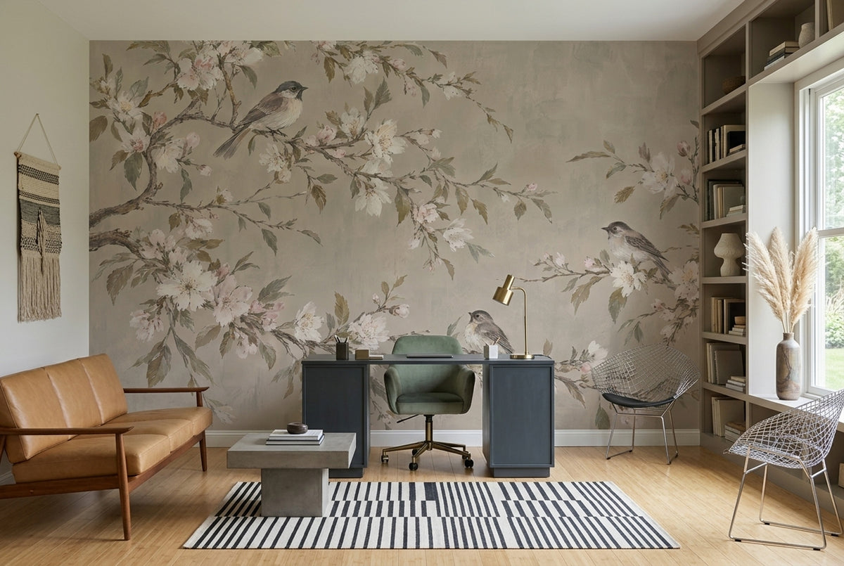 Blossoming Branches And Songbirds Wallpaper Muted Green Chinoiserie Wall Mural