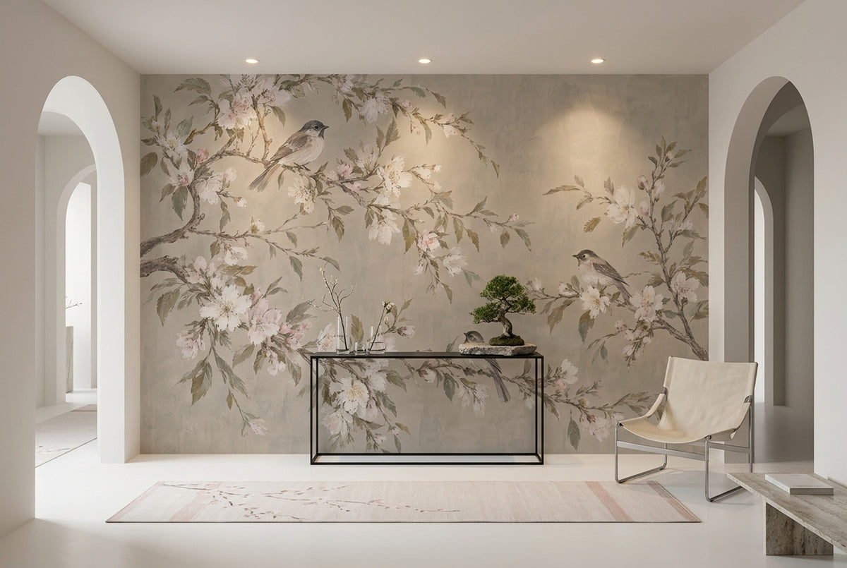 Blossoming Branches And Songbirds Wallpaper Muted Green Chinoiserie Wall Mural