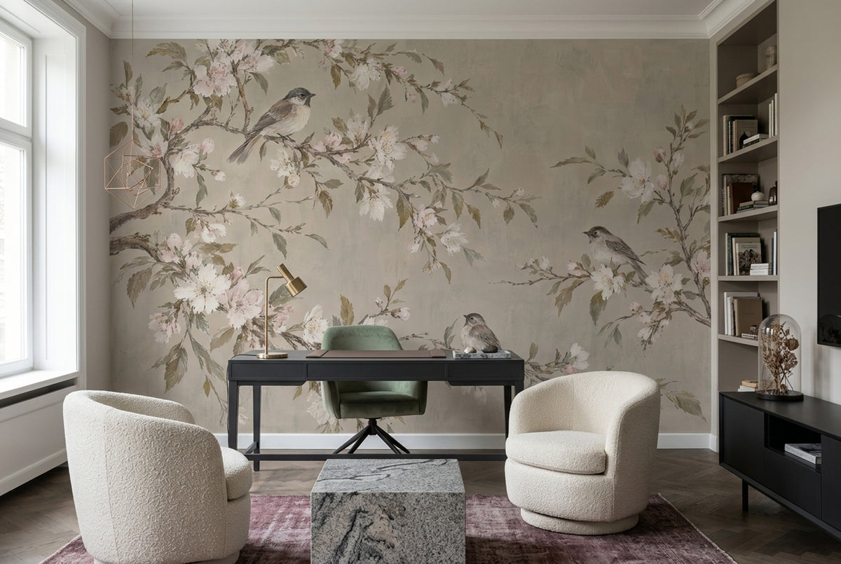 Blossoming Branches And Songbirds Wallpaper Muted Green Chinoiserie Wall Mural