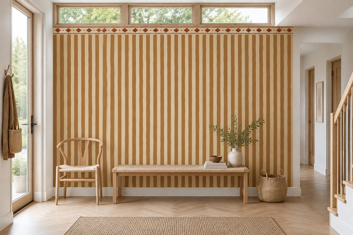 Vertical Stripes And Diamond Border Wallpaper Rustic Tan Wall Mural