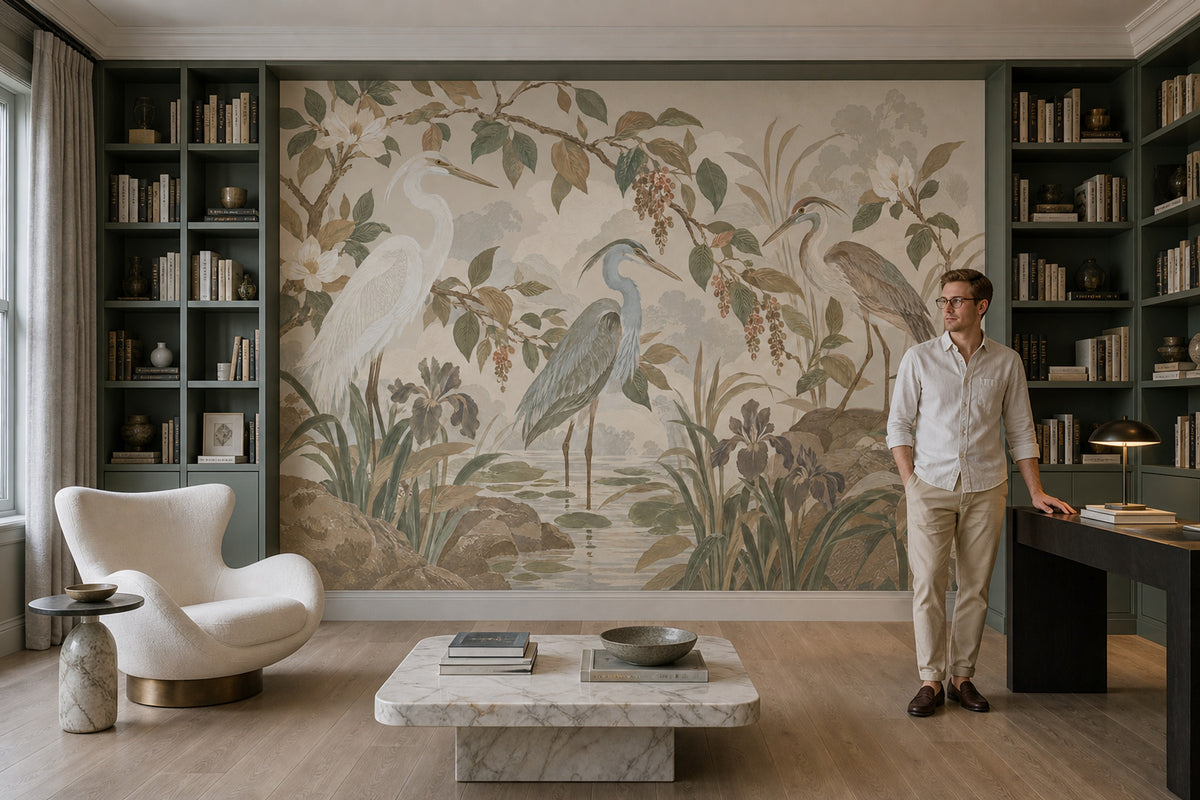 Herons In Marsh Wallpaper Chinoiserie Botanical Wall Mural