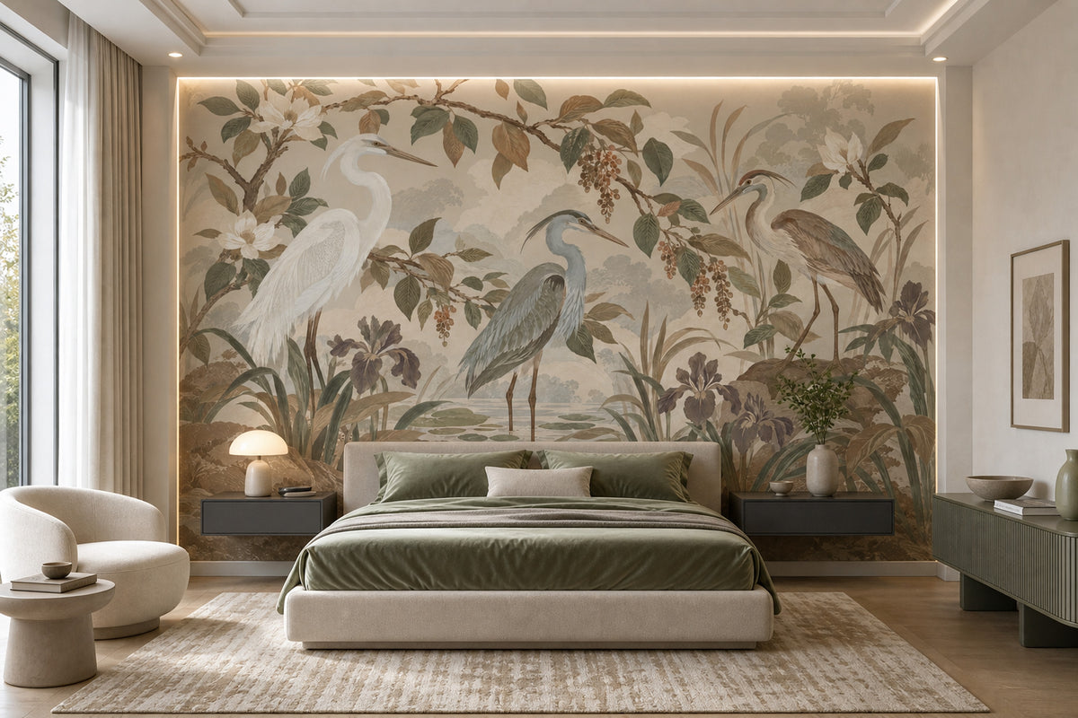 Herons In Marsh Wallpaper Chinoiserie Botanical Wall Mural