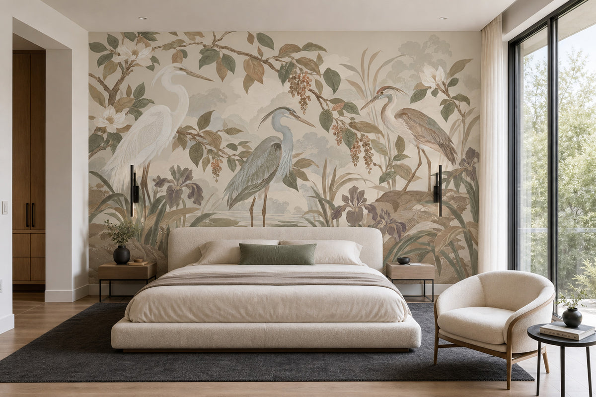 Herons In Marsh Wallpaper Chinoiserie Botanical Wall Mural