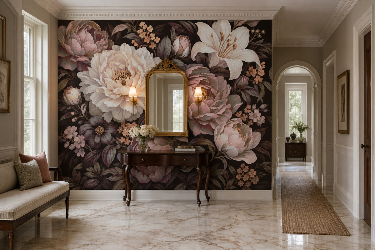 Vintage Peony And Lily Wallpaper Dark Floral Wall Mural