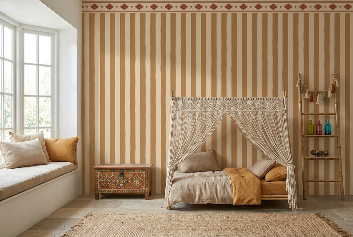 Vertical Stripes And Diamond Border Wallpaper Rustic Tan Wall Mural