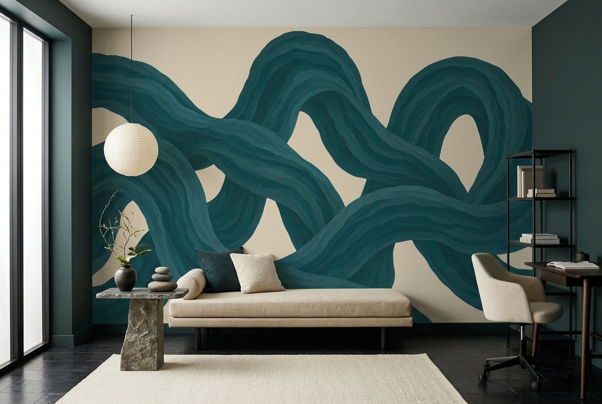 Teal Ribbon Abstract Wallpaper Flowing Curves Wall Mural