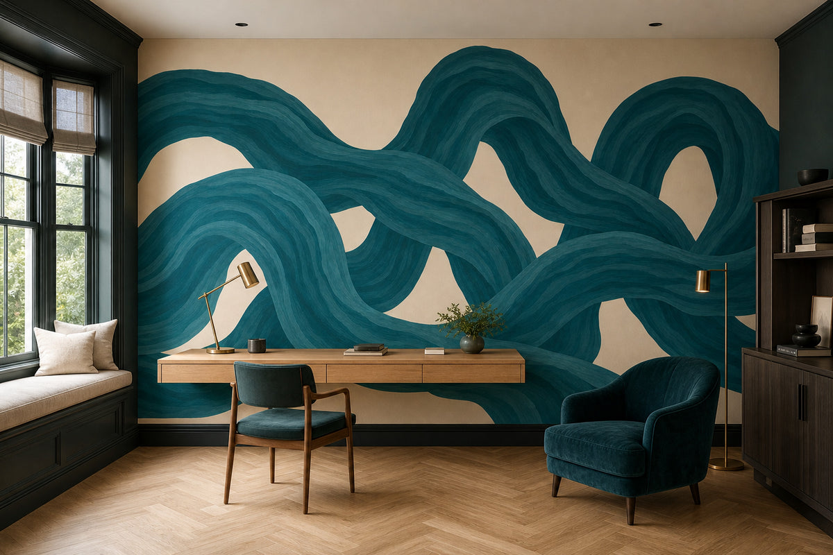 Teal Ribbon Abstract Wallpaper Flowing Curves Wall Mural